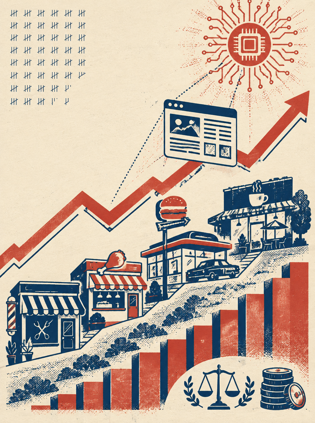 Illustration of franchise storefronts — a salon, chicken shop, burger drive-in and café — climbing uphill beneath a sweeping red growth line, with a circuit-board sun and a browser window overhead and bar charts, scales and coin stacks below
